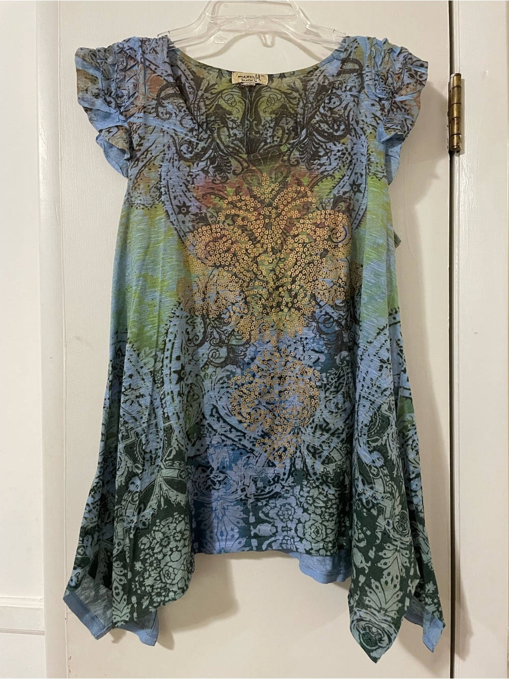 One World blue and green fairy top with ruffle sleeves